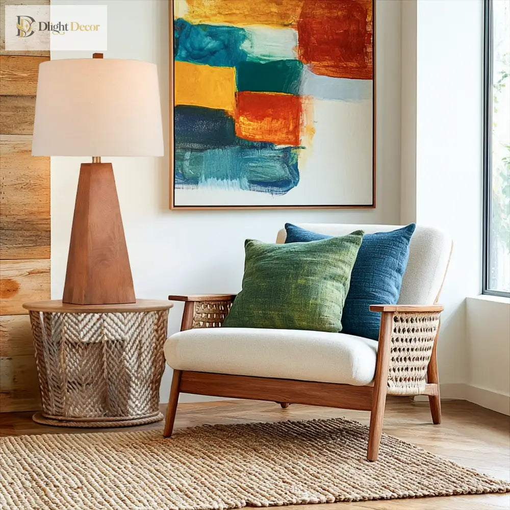 Wooden LED desk lamp on side table with beige shade and brown wood base