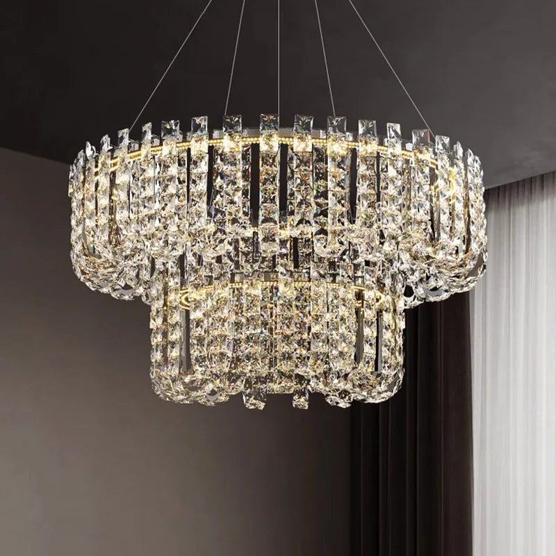 Modern luxury crystal LED chandelier over a dining table
