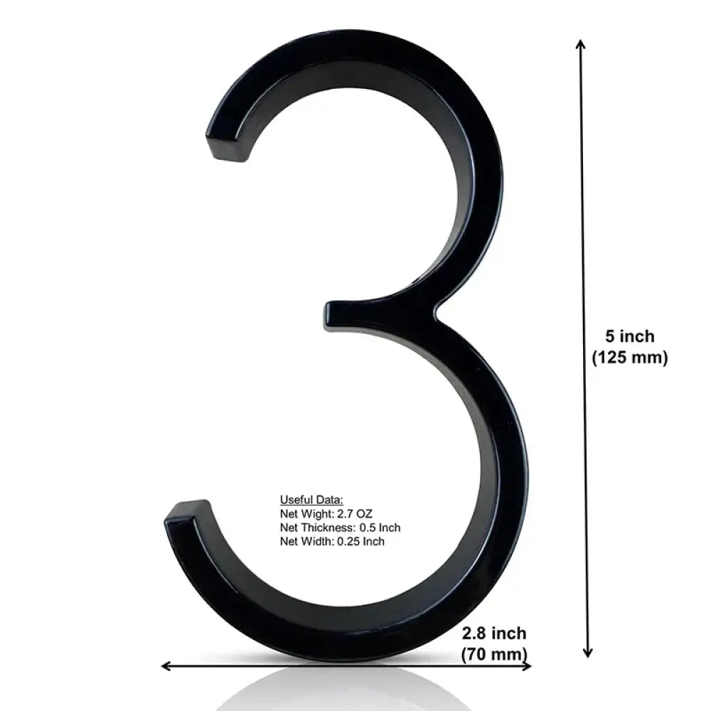 125mm 3D Black Zinc House Numbers – Arabic Numerals with Floating Doorplate Holder 3 / 125MM Brass Letters