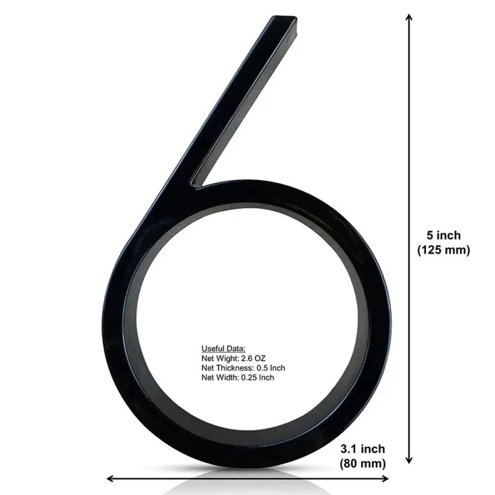 125mm 3D Black Zinc House Numbers – Arabic Numerals with Floating Doorplate Holder 6 / 125MM Brass Letters