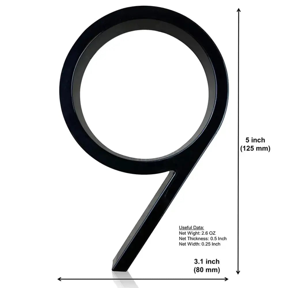 125mm 3D Black Zinc House Numbers – Arabic Numerals with Floating Doorplate Holder 9 / 125MM Brass Letters