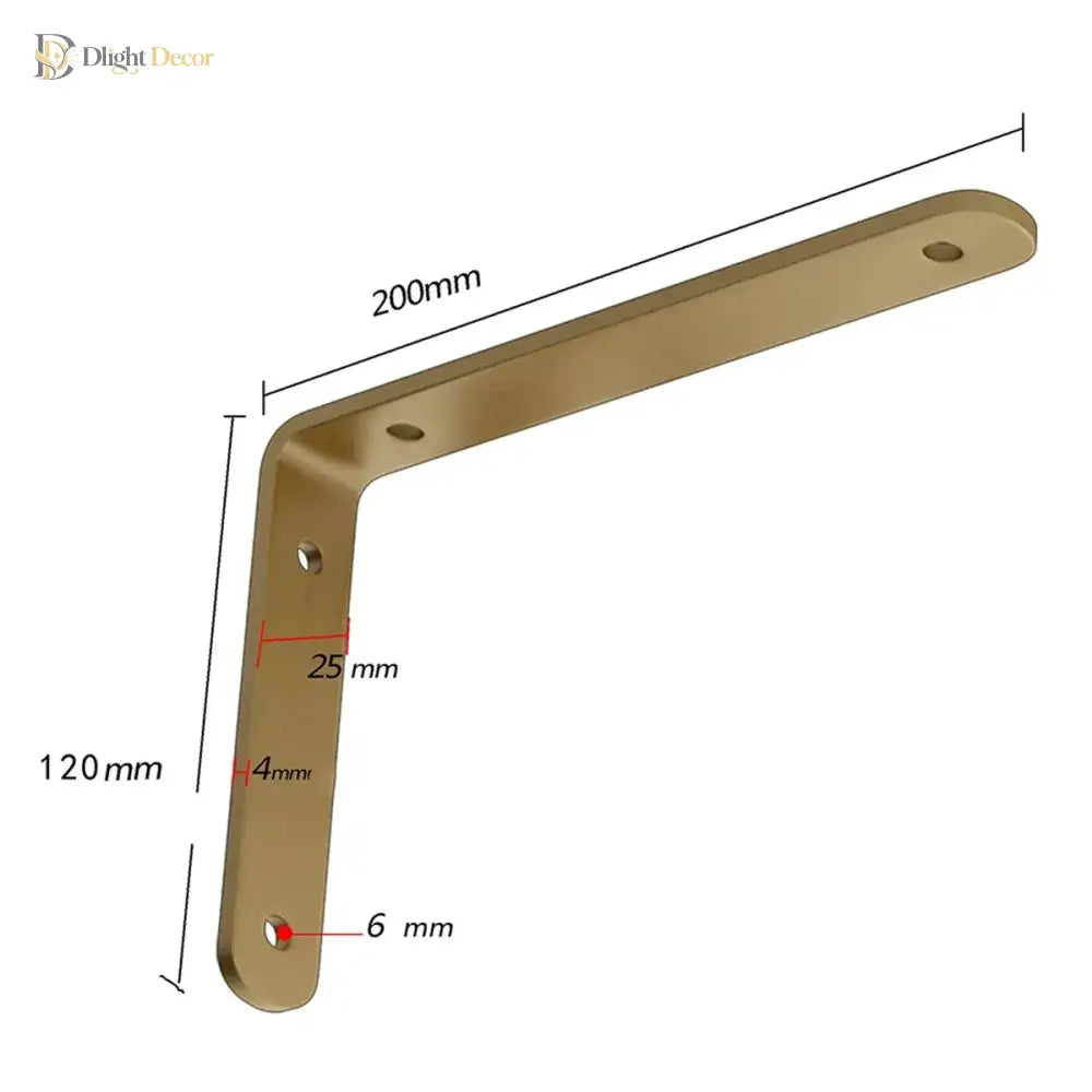 Gold metal L-shaped shelf bracket with size diagram markings and screw holes
