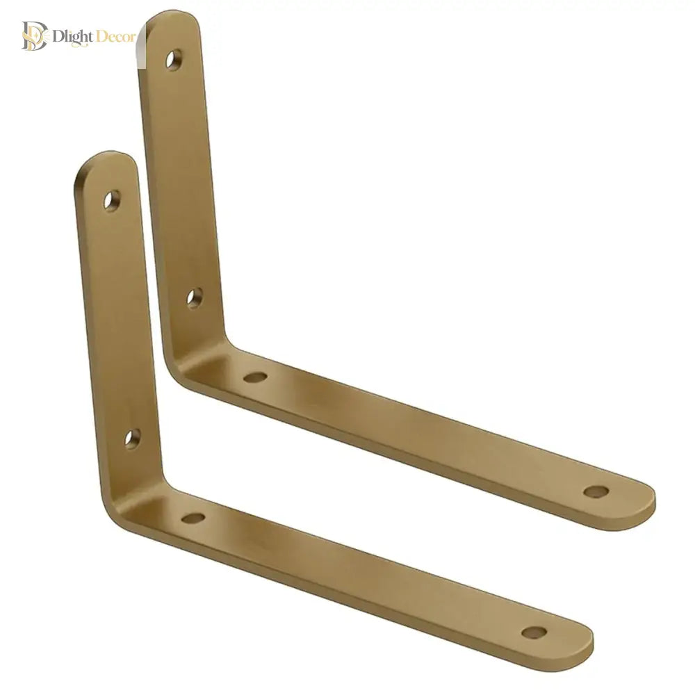 2-pack gold L-shaped shelf brackets with mounting holes and flat base arms
