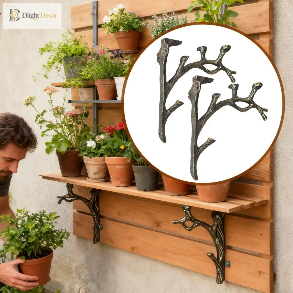 Decorative tree-branch iron floating shelf brackets, dark bronze, mounted on wooden shelf