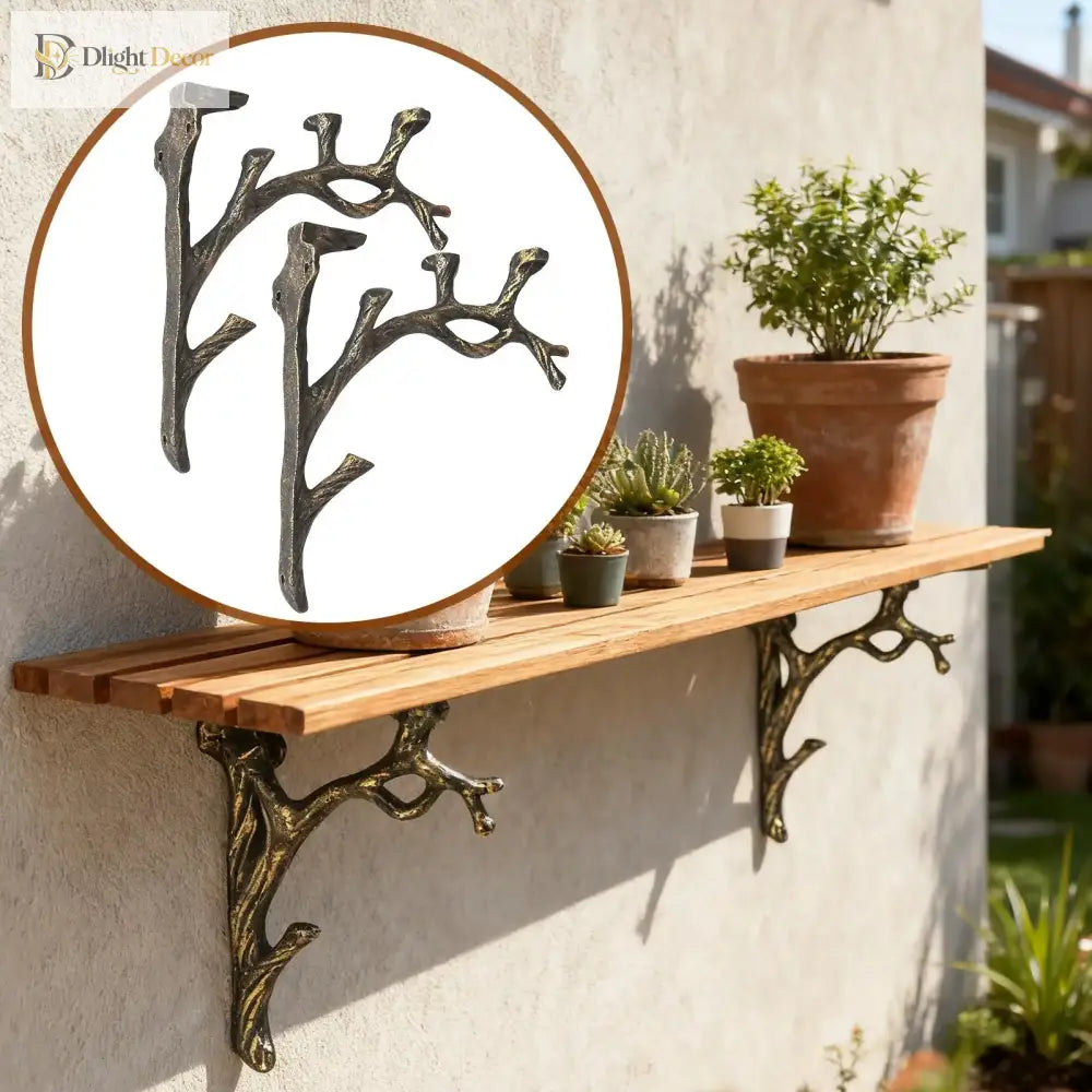 Tree-branch iron shelf support bracket pair, dark bronze, mounted under wooden shelf