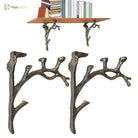 Set of two iron tree-branch floating shelf brackets, dark bronze, front view pair