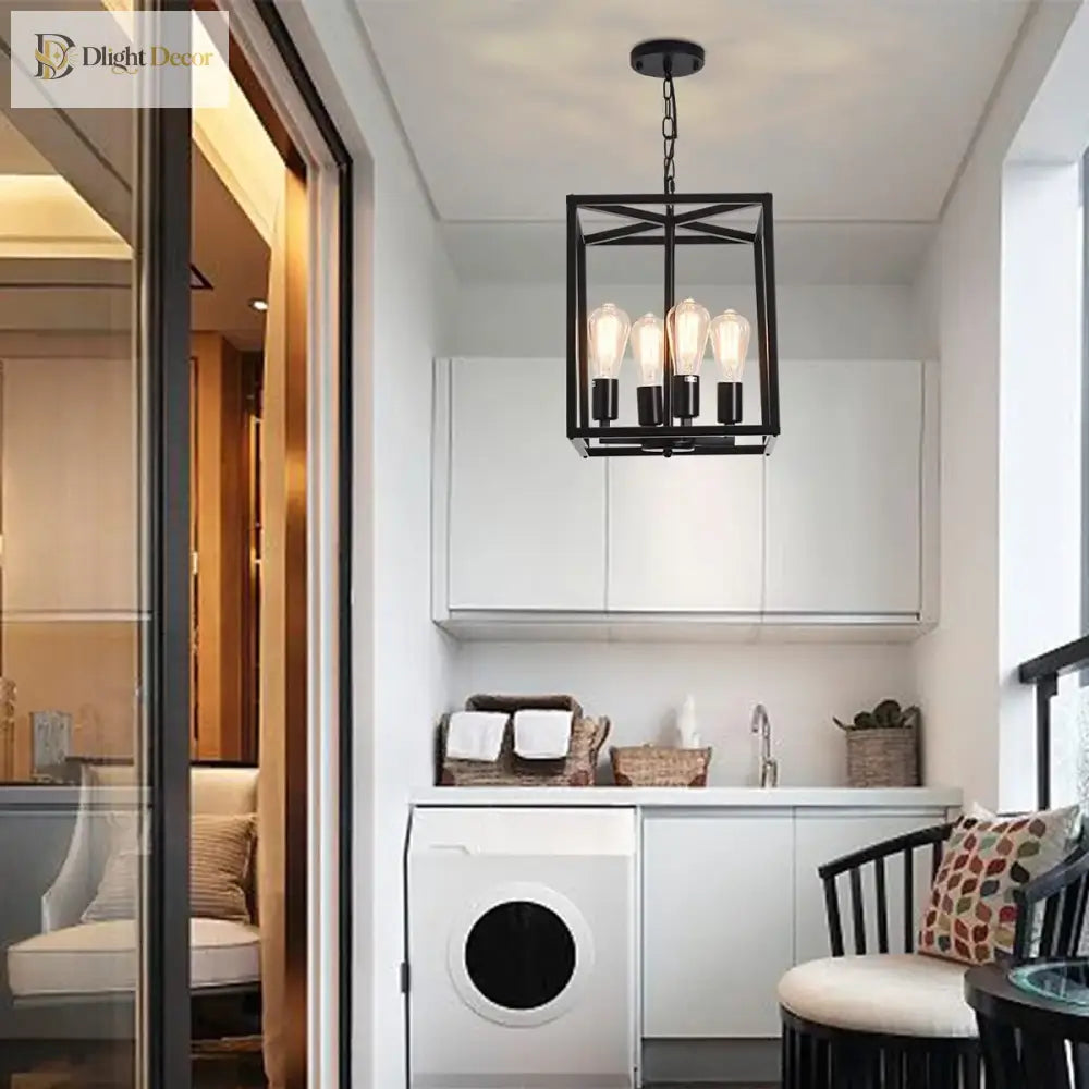 Industrial Metal Lantern Chandeliers 4 - Light Adjustable Height Farmhouse Ceiling Rustic Gold