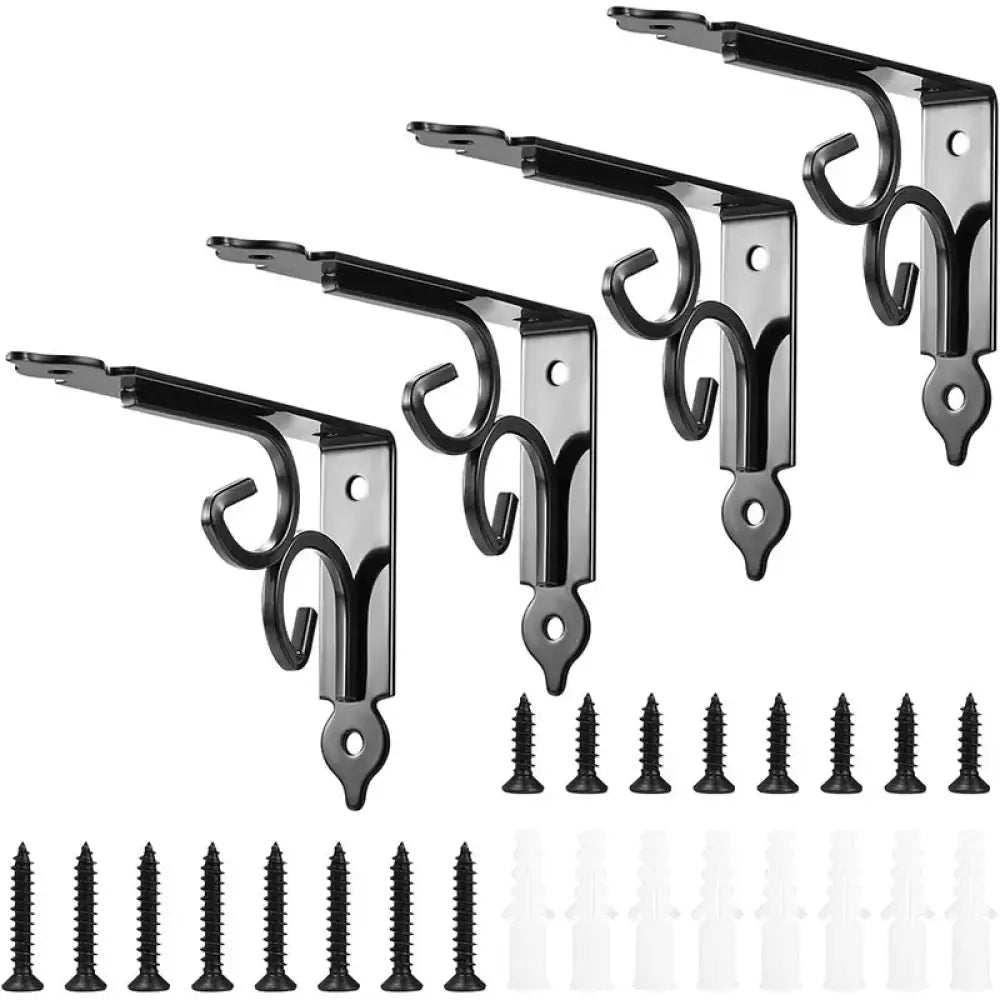 Four black iron shelf brackets with scroll supports and included mounting screws