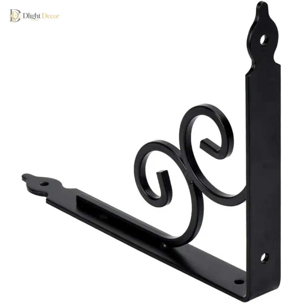 Black iron shelf bracket with curled scroll design and top mounting plate