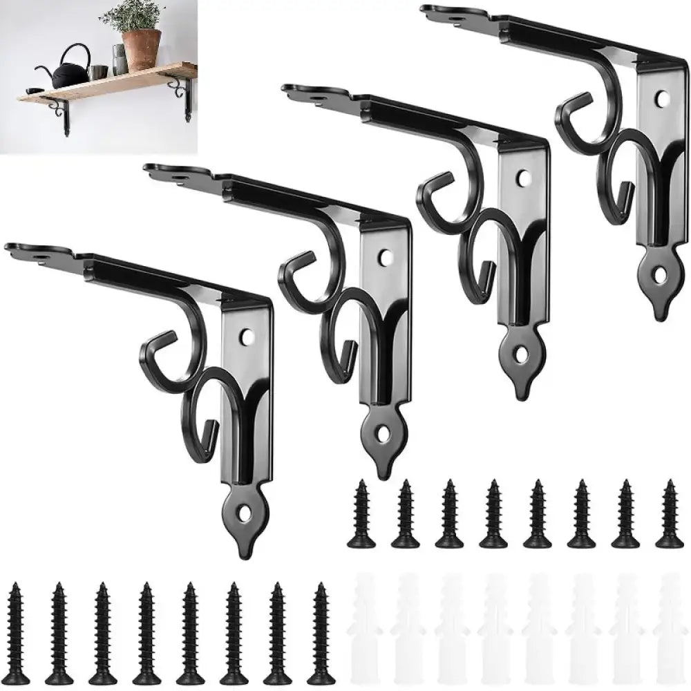 Black iron shelf brackets with curved scroll design and mounting screws, 4-pack