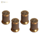 Four adjustable antique copper furniture legs of different heights with mounting holes