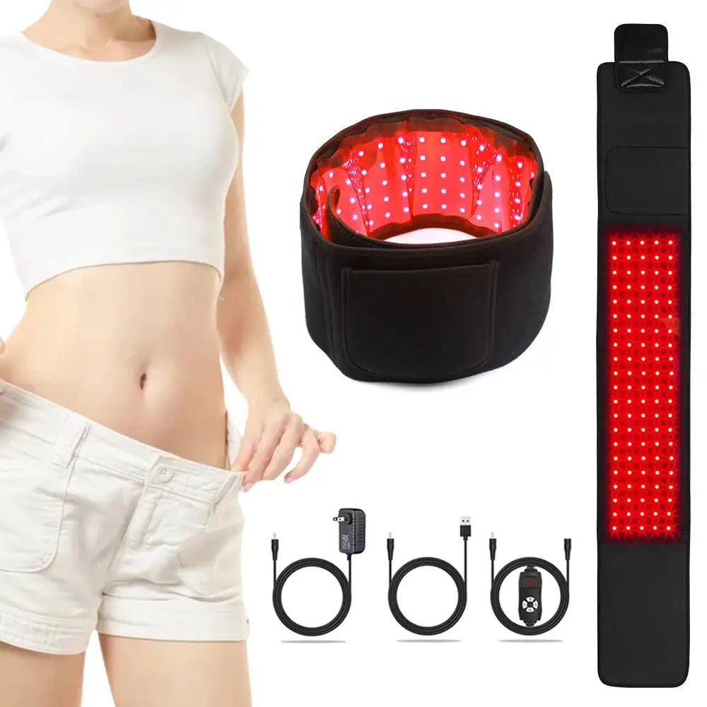 Black light therapy belt with red LED array, worn on body, with power/control cables