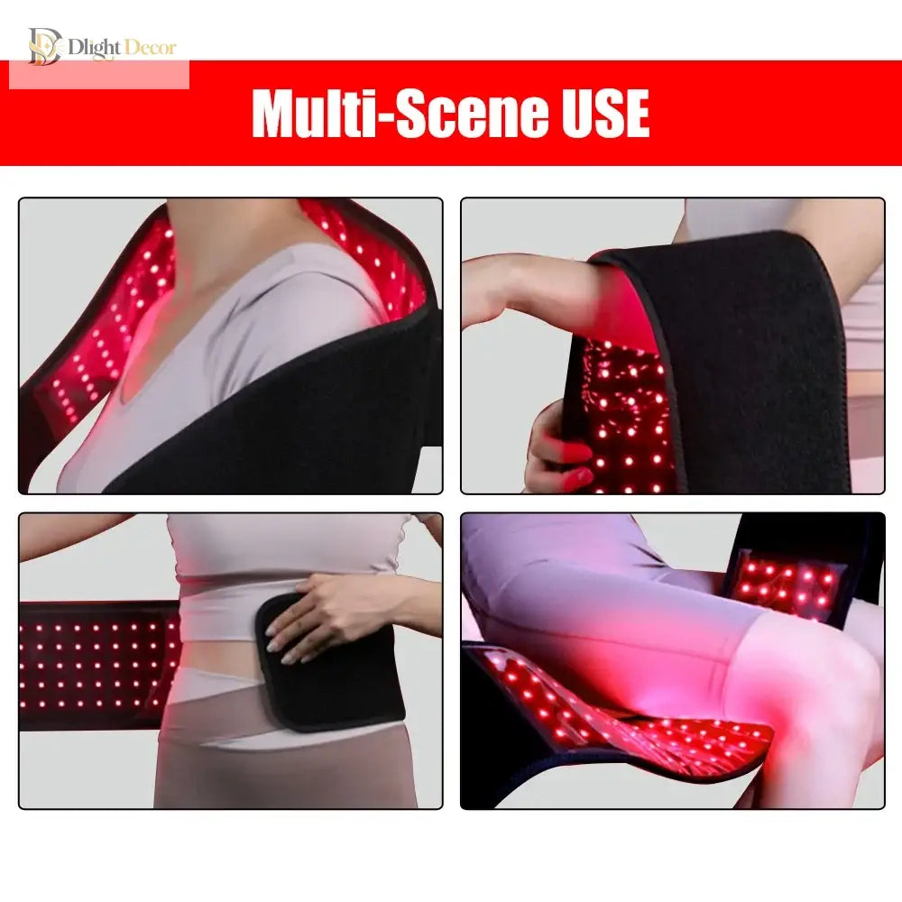Black light therapy belt with wide red LED panel wrapped around the waist