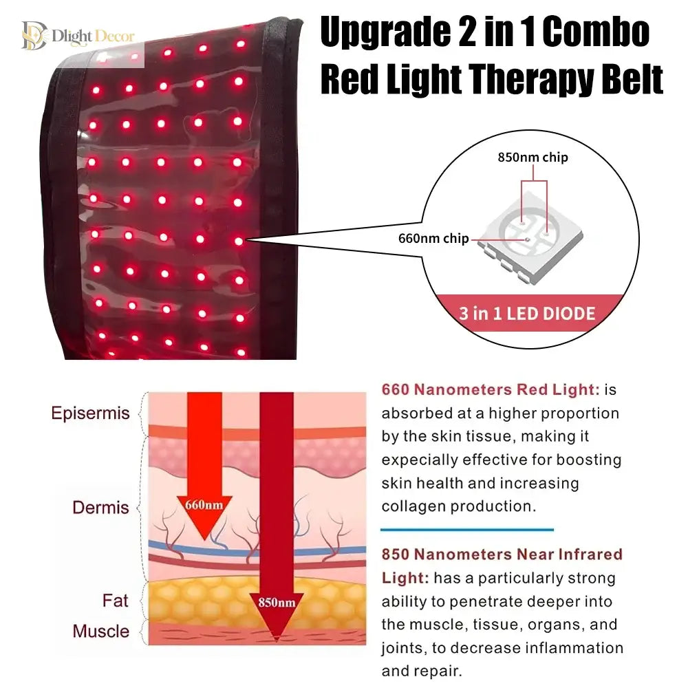 Black red-light therapy belt with dense red LED diodes on the front panel