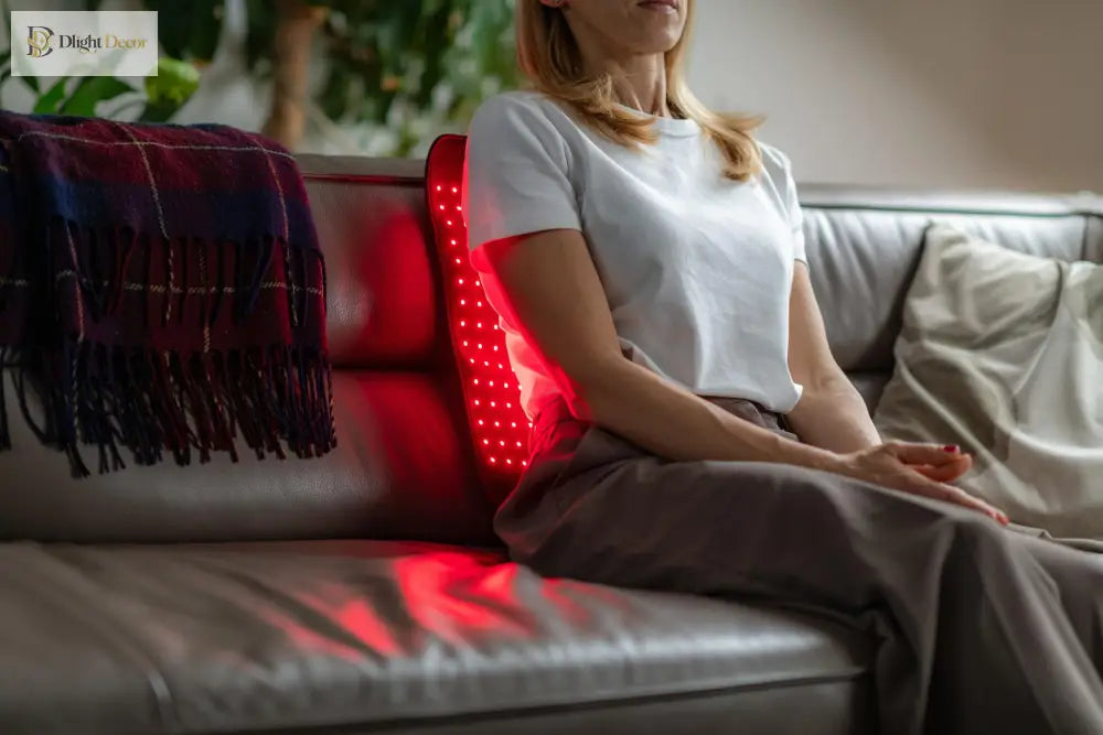 Black light therapy belt with red LED strip worn on the body with soft red glow