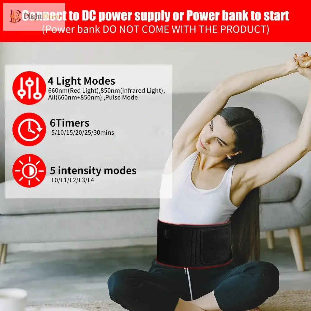 Black light therapy belt with red LED strip worn around the waist while seated