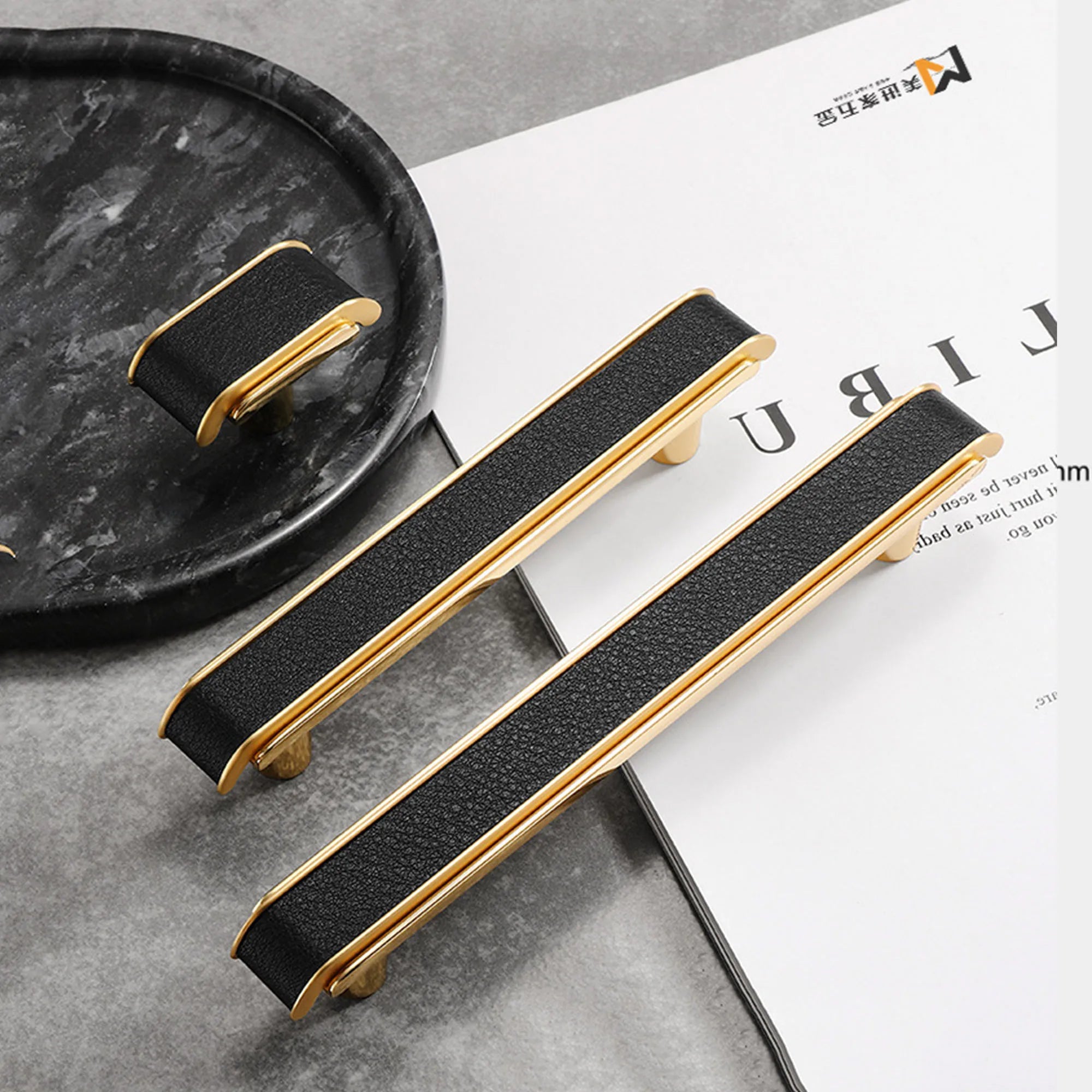 Black Leather and Gold Zinc Alloy Cabinet Handle – Luxury Drawer Pull for Wardrobes and Dressers (128mm) Handles