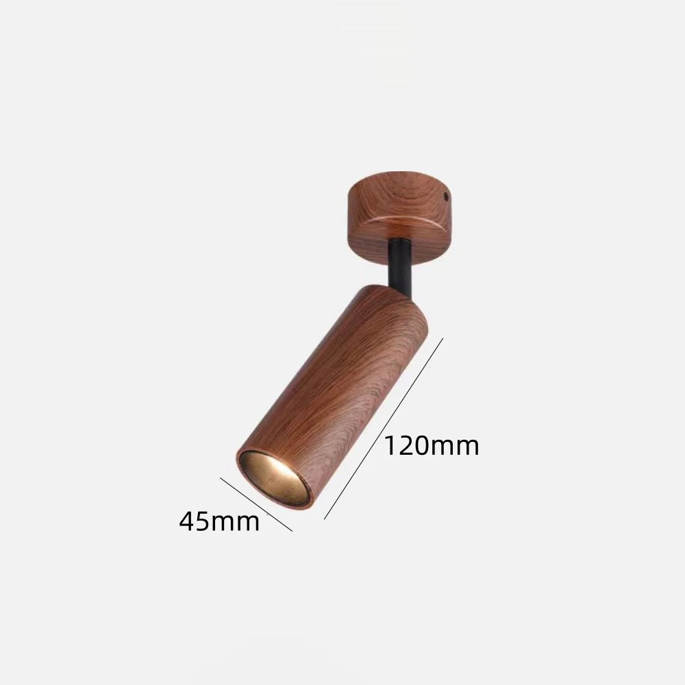 Walnut wood-grain adjustable LED spotlight, cylinder head on dark mount with size labels