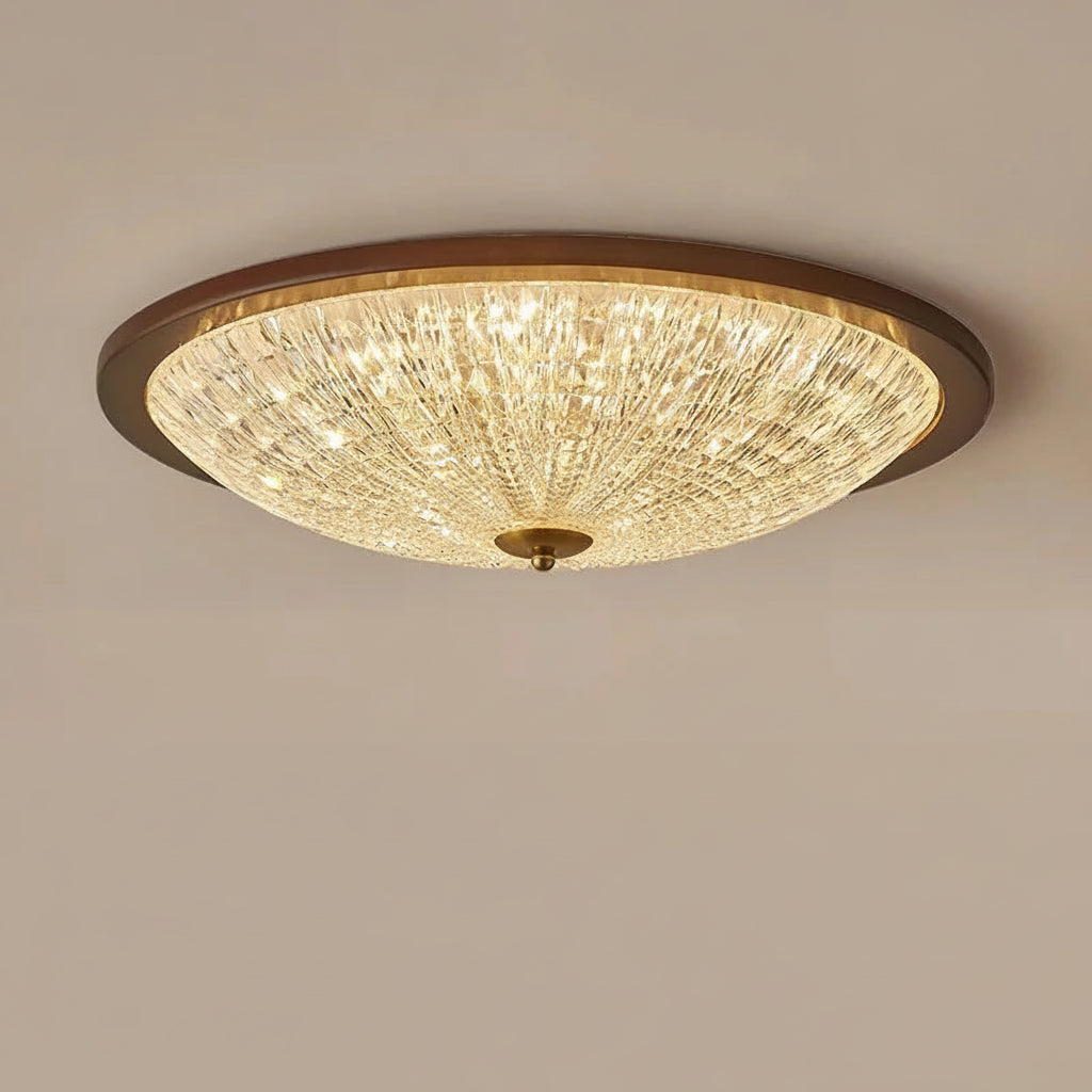 Walnut round flush-mount ceiling light with faceted clear acrylic globe diffuser