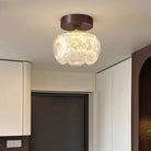 Brown flush-mount LED ceiling light with frosted glass shades over doorway