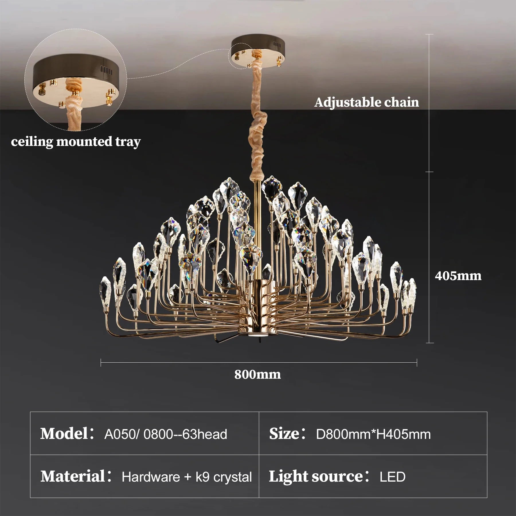 Serena Gold Crystal LED Chandelier – Modern Pendant Light for Dining & Living Room Diameter 80cm 1 chandelier
