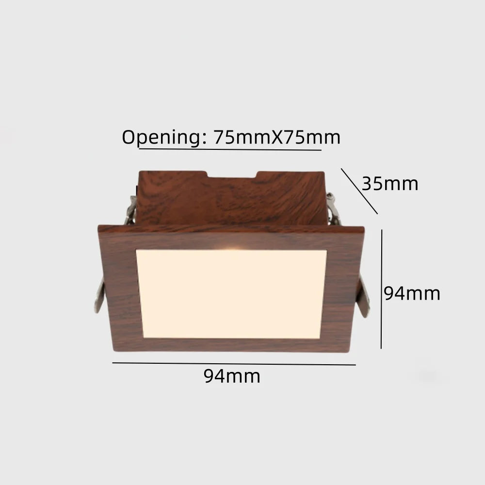 Adjustable wood-grain LED ceiling spotlight, square opening with diffused white panel