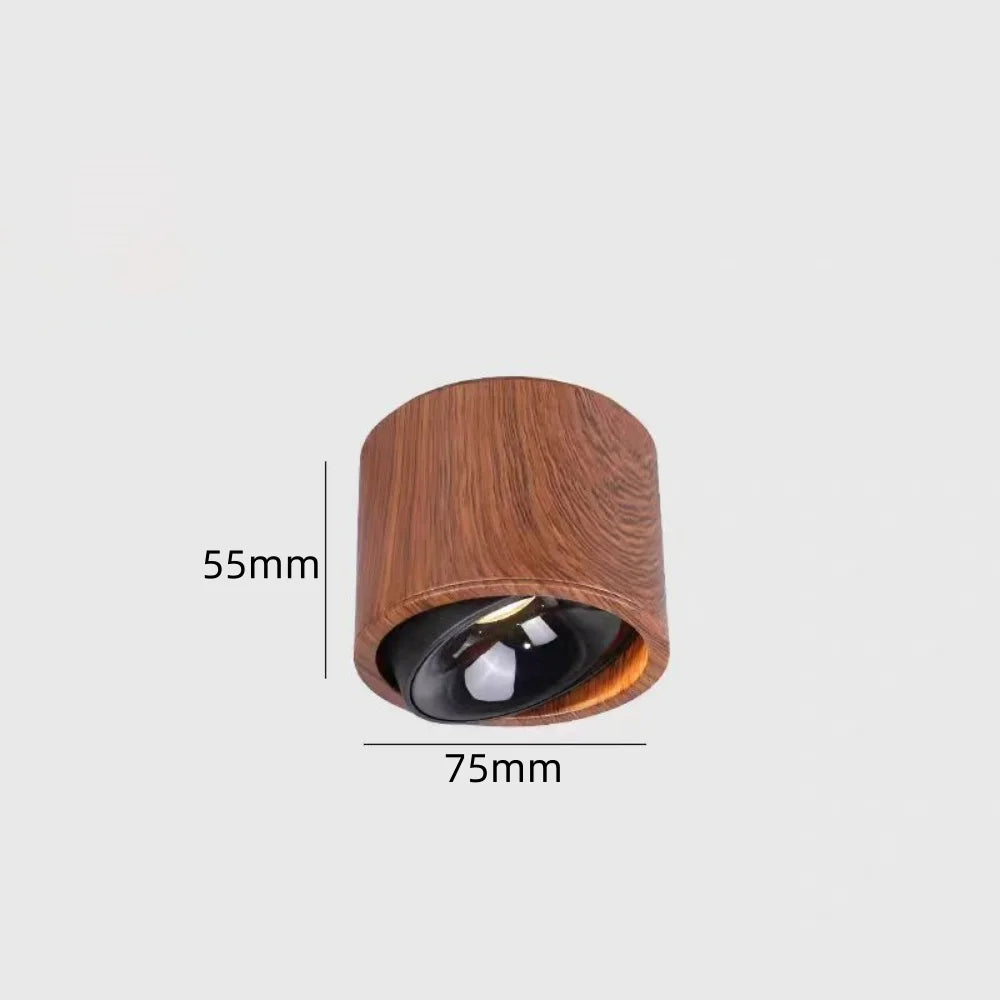 Walnut wood-grain LED mini spotlight with dark lens and visible 75mm x 55mm size marks