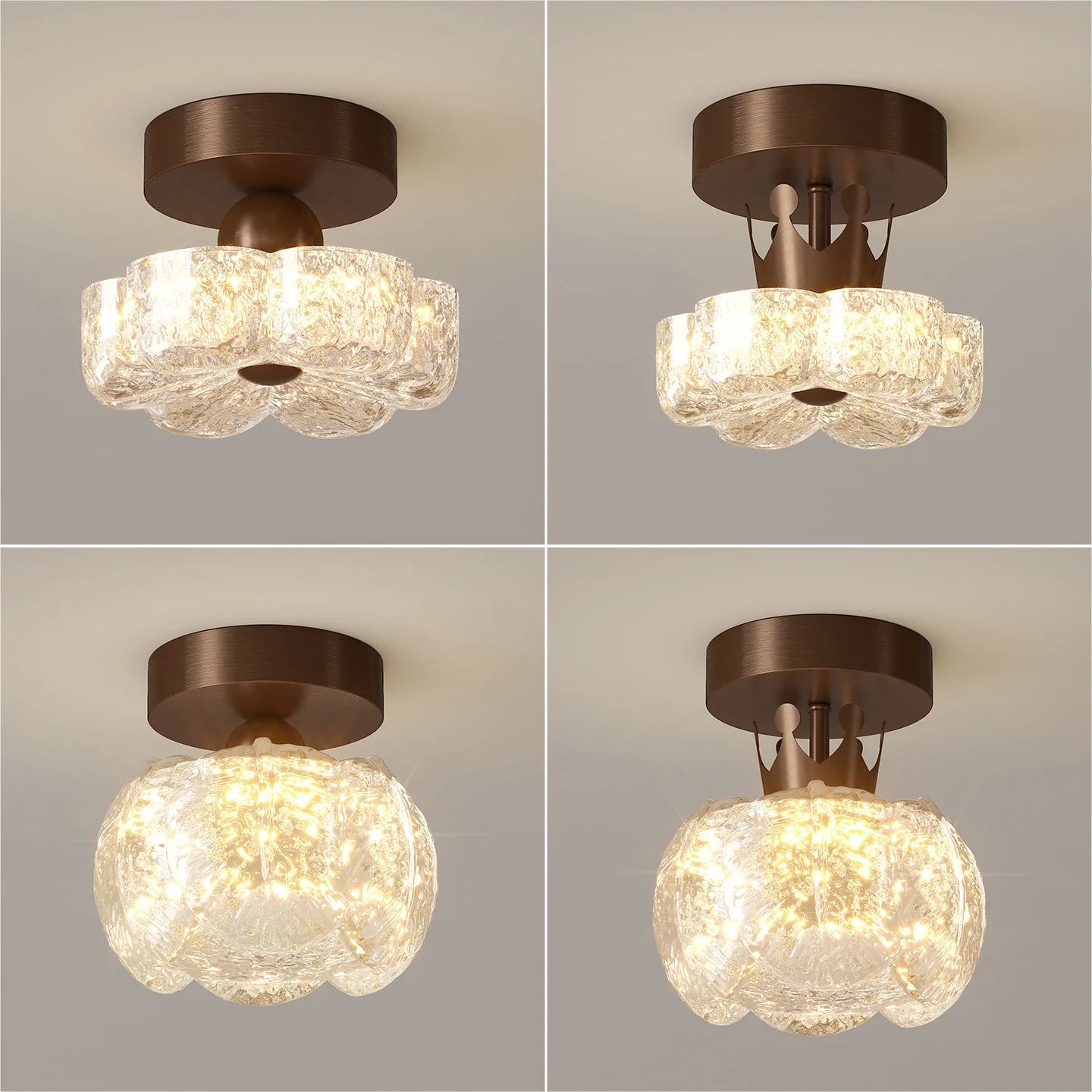 Brown flush-mount LED ceiling light with frosted glass shades and round canopy