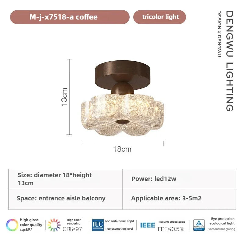 Brown flush-mount LED ceiling light with frosted glass shades, side view diagram