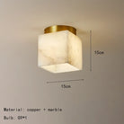 Art deco LED ceiling light, 15cm size, gold copper base with marble-pattern cube shade