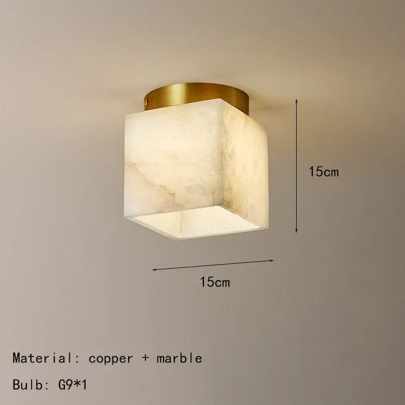 Art deco LED ceiling light, 15cm size, gold copper base with marble-pattern cube shade