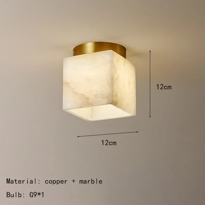 Art deco LED ceiling light, 12cm size, gold copper base with marble-pattern cube shade