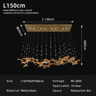 Large pendant chandelier diagram with warm bulbs, clear cords, and gold glass leaf accents