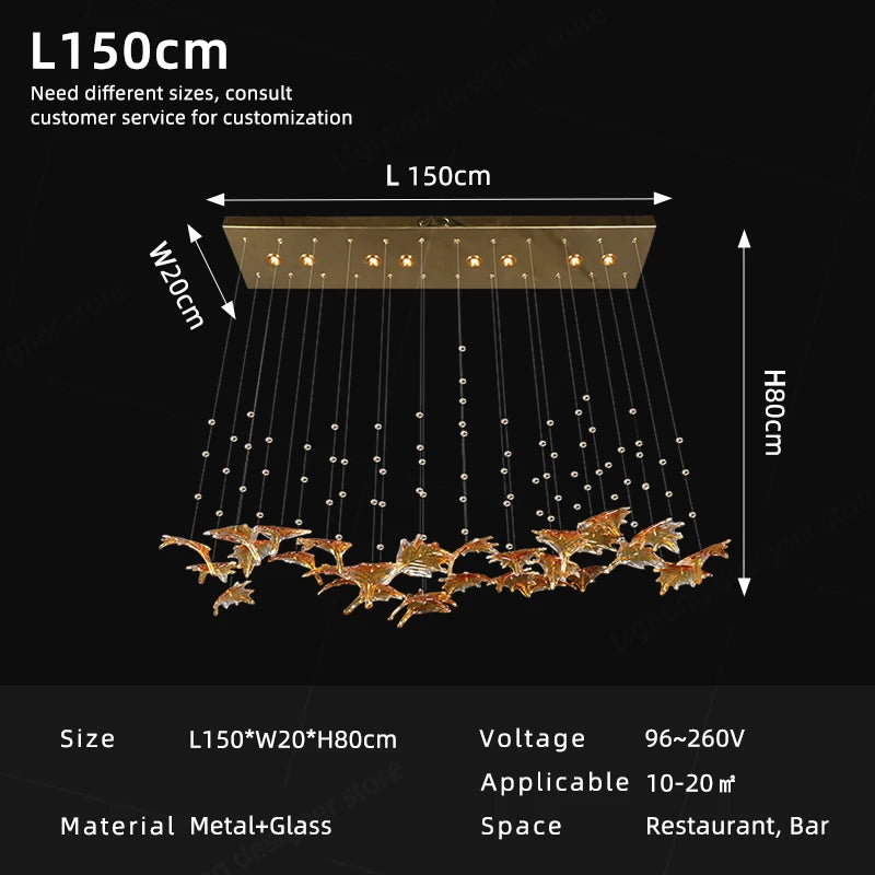 Large pendant chandelier diagram with warm bulbs, clear cords, and gold glass leaf accents