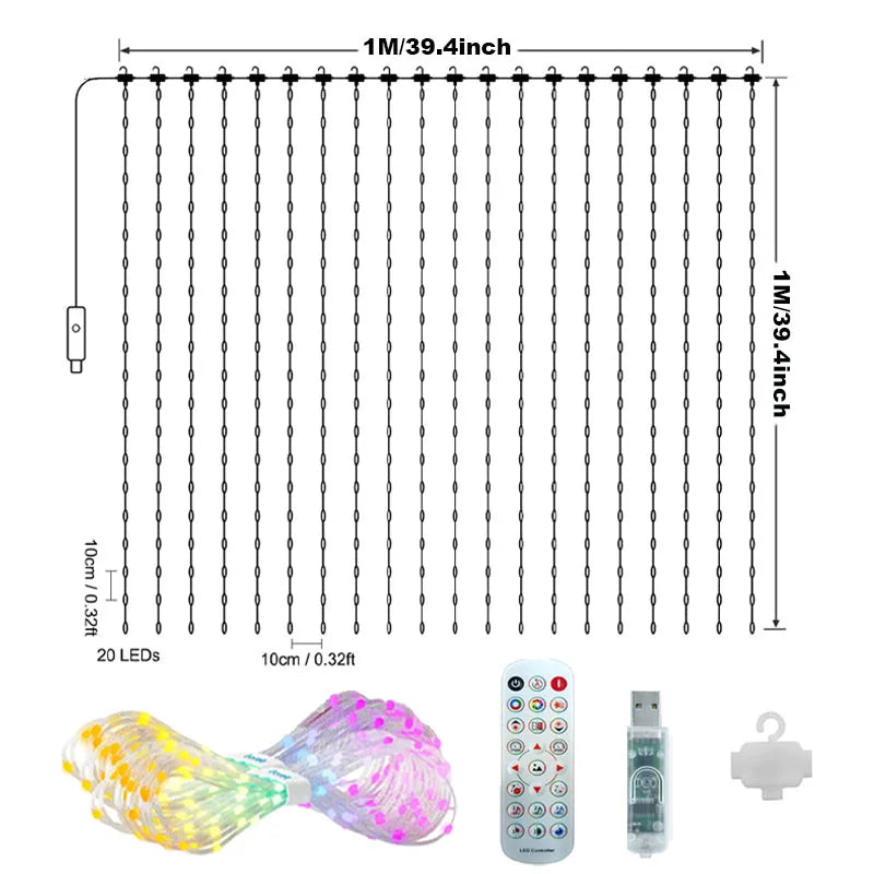 APP Controlled 16 Million Colors RGB LED Curtain Lights Holiday Party Decoration 1x1m-400LED holiday lighting