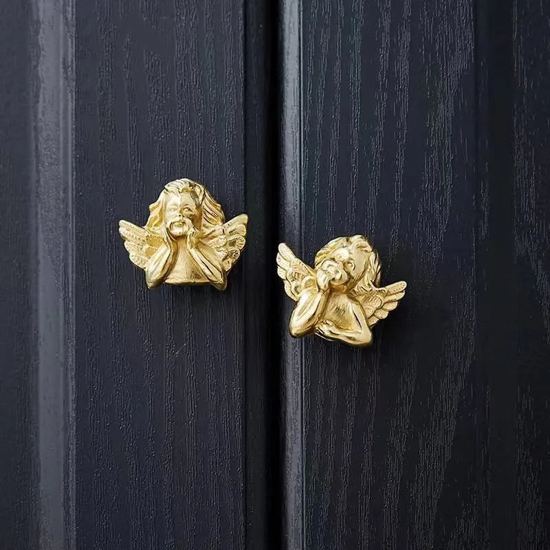Brass European Angel Cabinet Handles - Vintage Gold Knobs for Wardrobes Dressers and Drawers Knobs