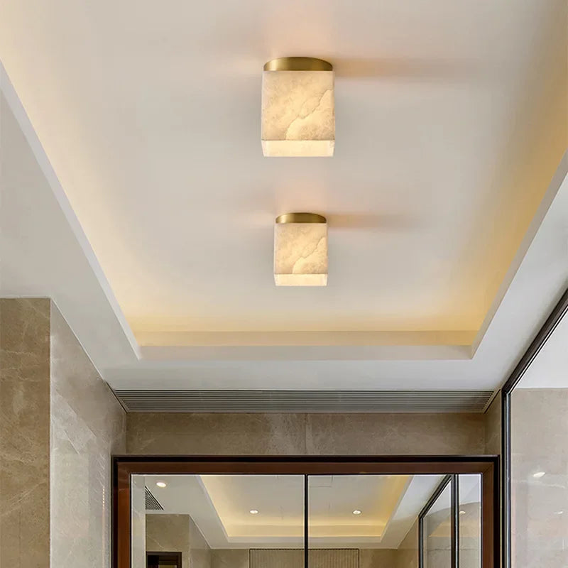 Art deco LED ceiling light cluster with gold copper frame and marble-pattern shades