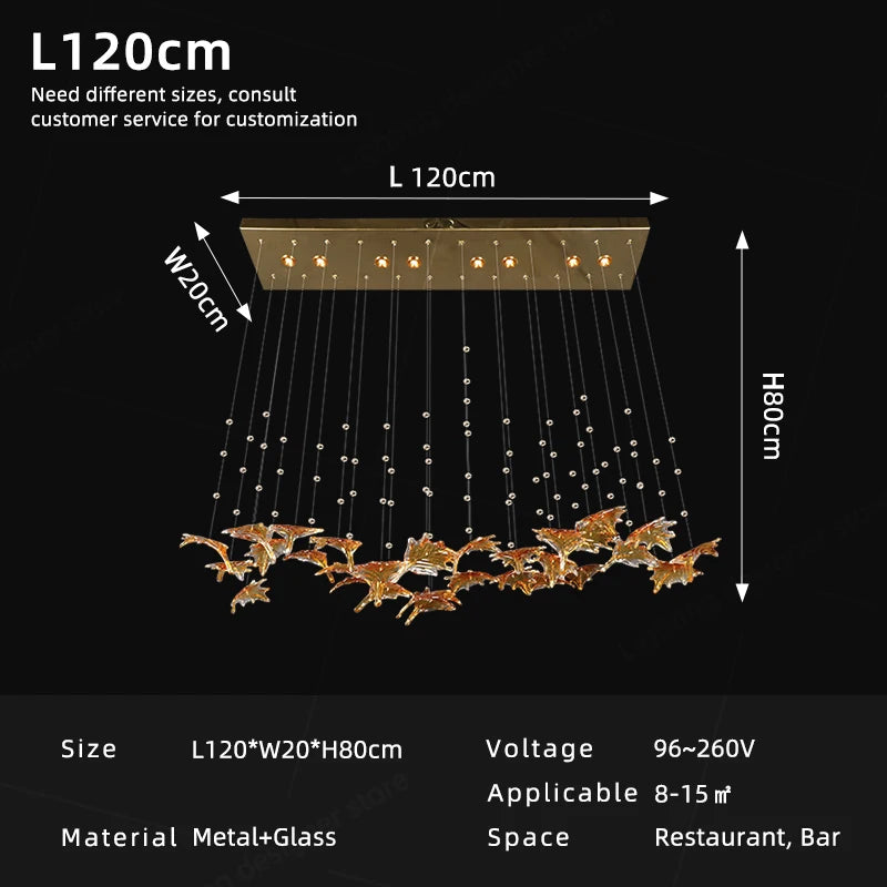 Modern glass pendant chandelier with gold maple-leaf accents and hanging glass lights