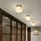 Art deco LED ceiling light with gold copper metal and marble-pattern square shade