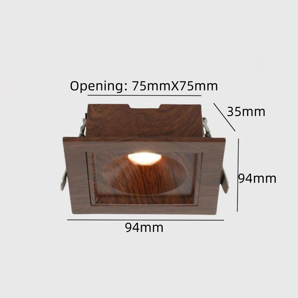Rectangular walnut wood-grain LED recessed opening with 75mm x 75mm opening label