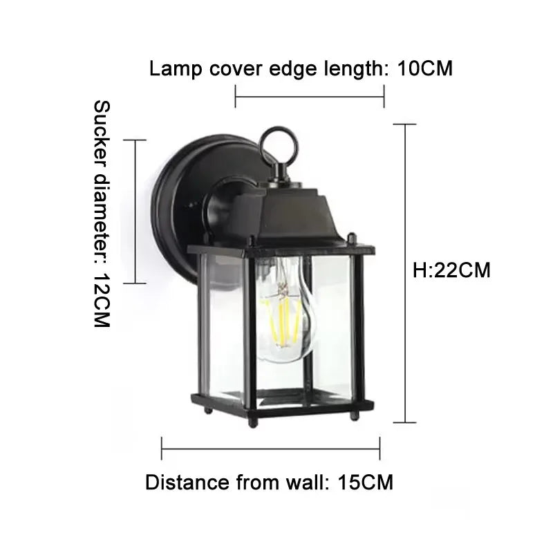 Black outdoor wall lantern light dimension diagram showing lamp cover and height