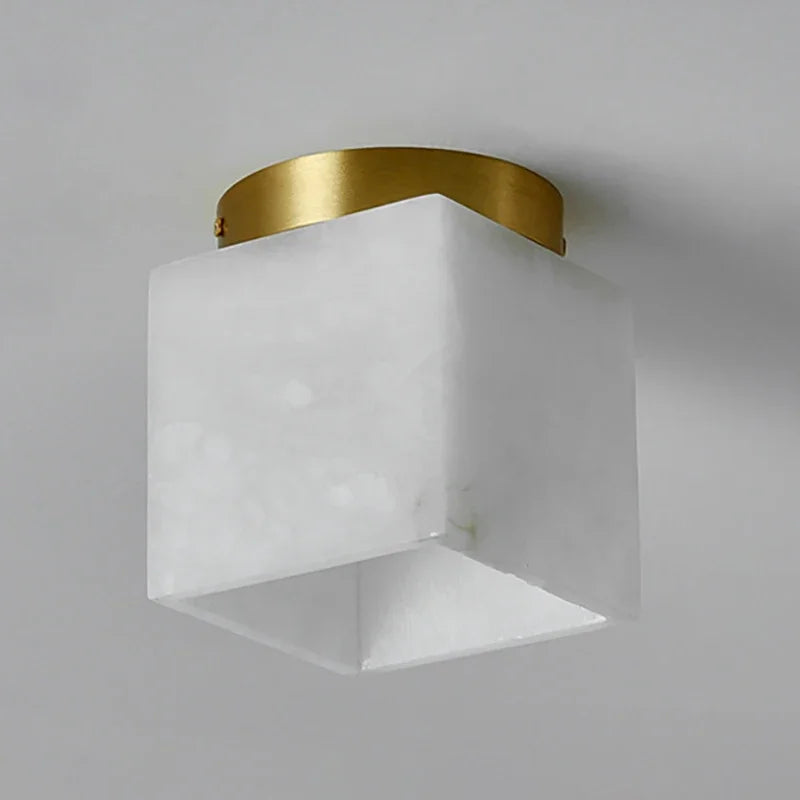 Gold copper art deco LED ceiling light with frosted marble-pattern cube shade
