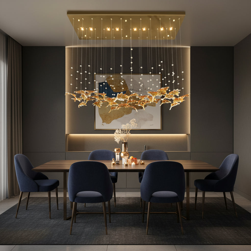 Ceiling-mounted pendant chandelier with gold glass leaf accents and multiple warm lights