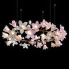 Ceramic flower chandelier with bright white glowing petals and antique gold metal network