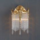 Gold crystal wall sconce with arched crown top and long crystal drops