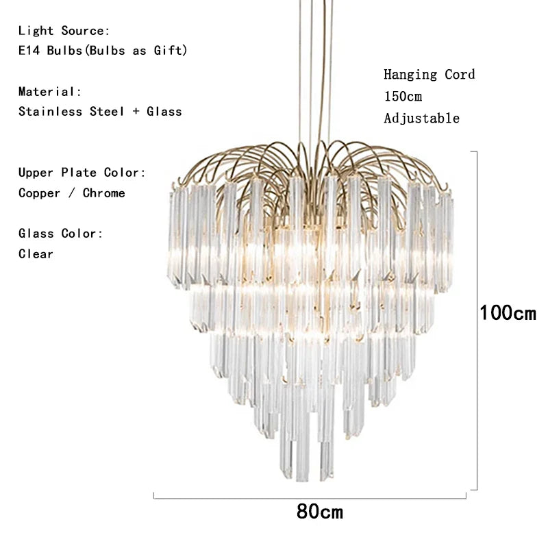 Gianna Italian Crystal Glass Pendant Chandelier – Classic Hanging Light for Staircase & High Ceilings 80cm / Copper