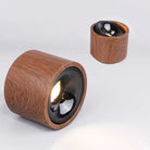 Walnut wood-grain LED spotlights, cylindrical housing with dark lens and chrome face