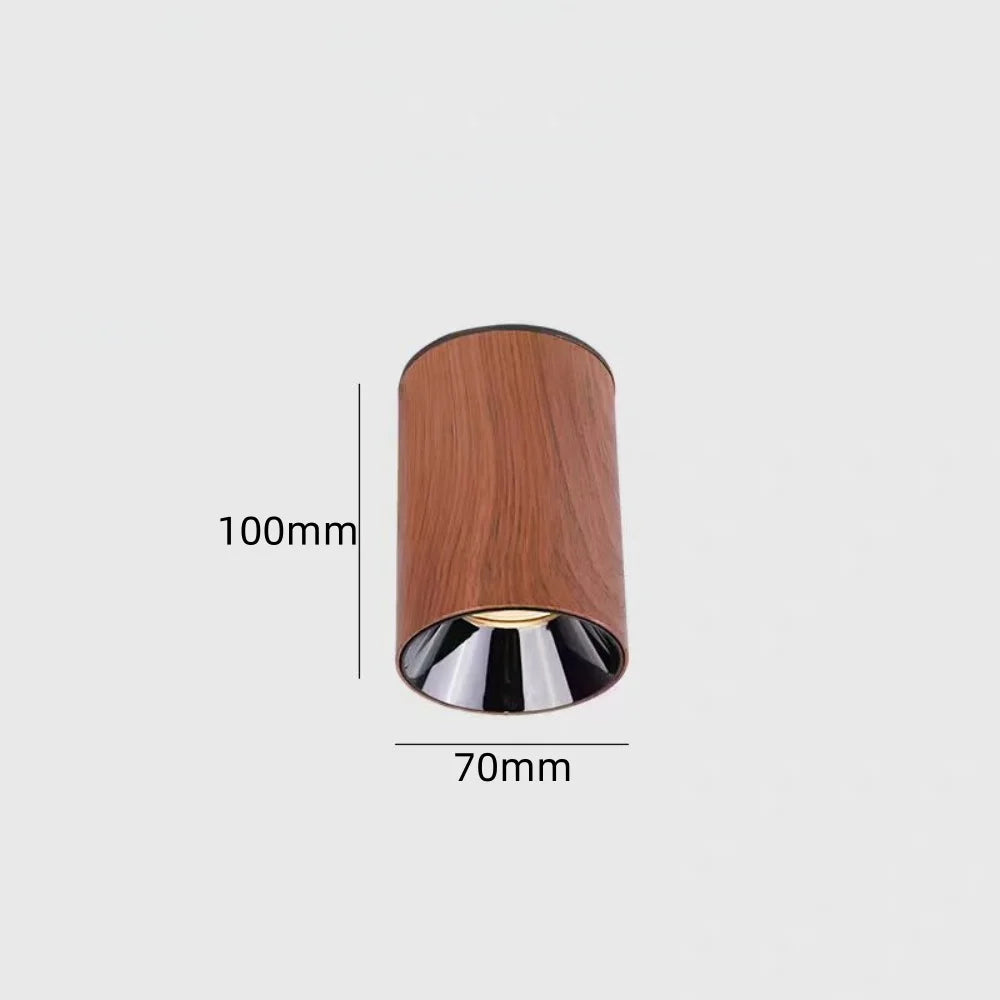 Walnut wood-grain LED surface spotlight with 70mm base and 100mm height size marks