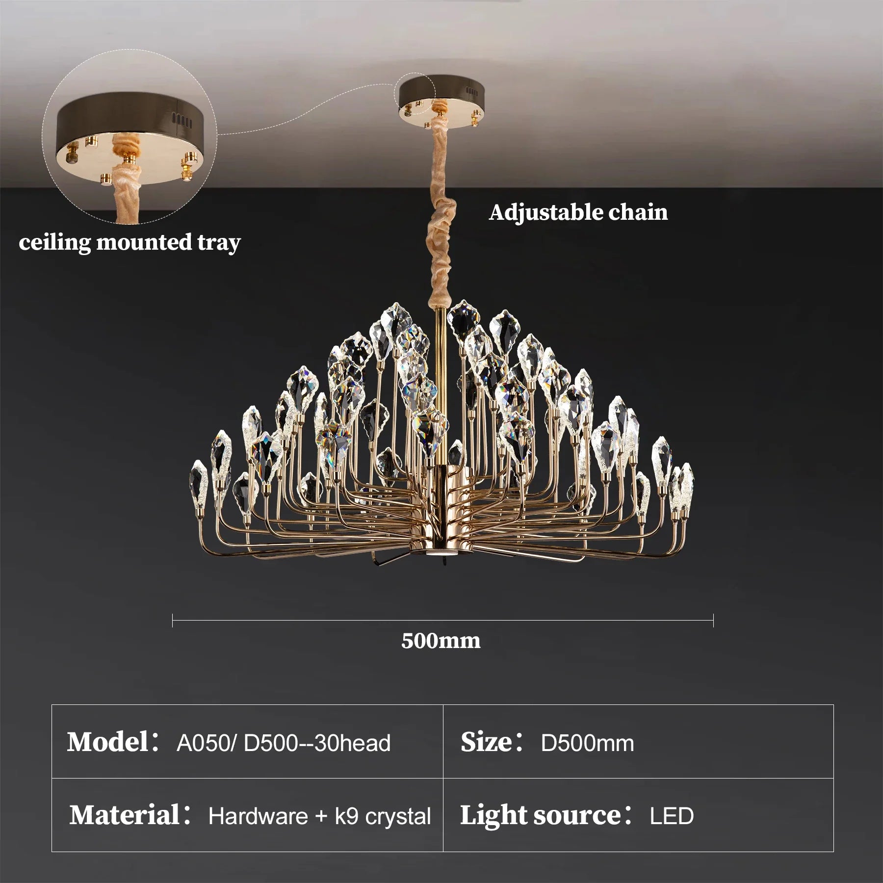 Serena Gold Crystal LED Chandelier – Modern Pendant Light for Dining & Living Room Diameter 50cm 1 chandelier