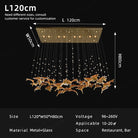 Pendant chandelier diagram with warm bulb array, clear cords, and gold glass leaf accents